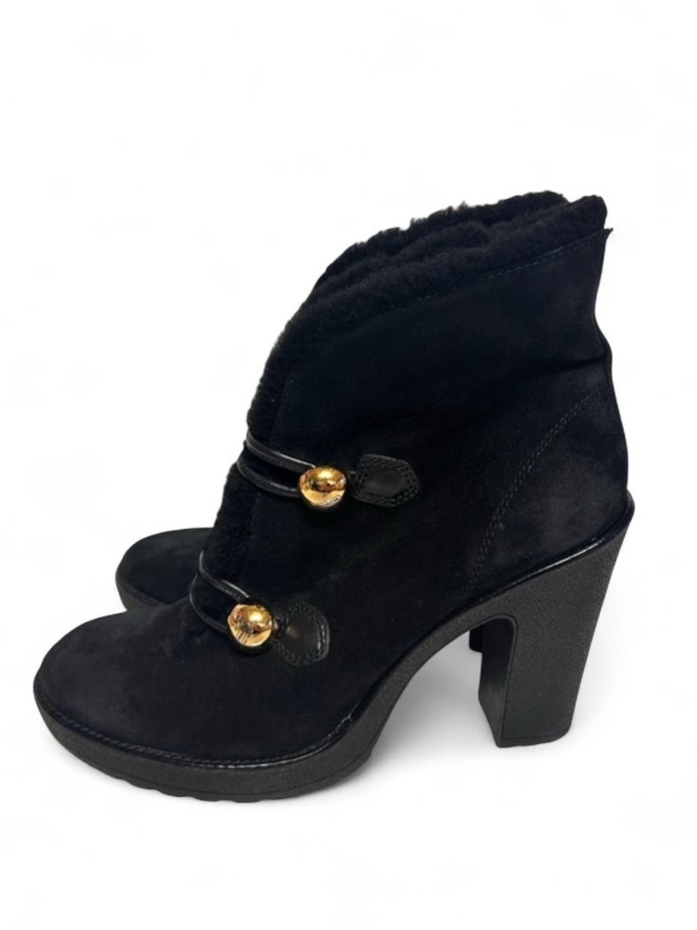 Coach Black Suede Heeled Ankle Boots with Gold Buttons